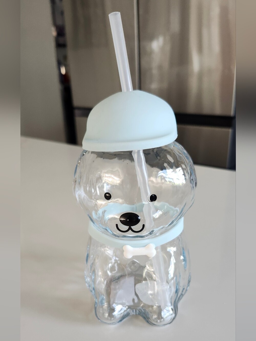Glass Dog Cup With Blue Baseball Hat And Straw Starbucks Inspired